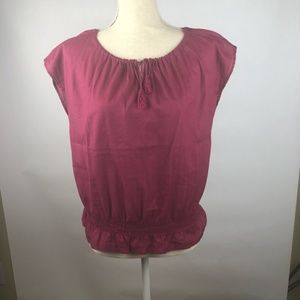 Loft Maroon Peasant Tie Neck, Ruched Waist Sz SP